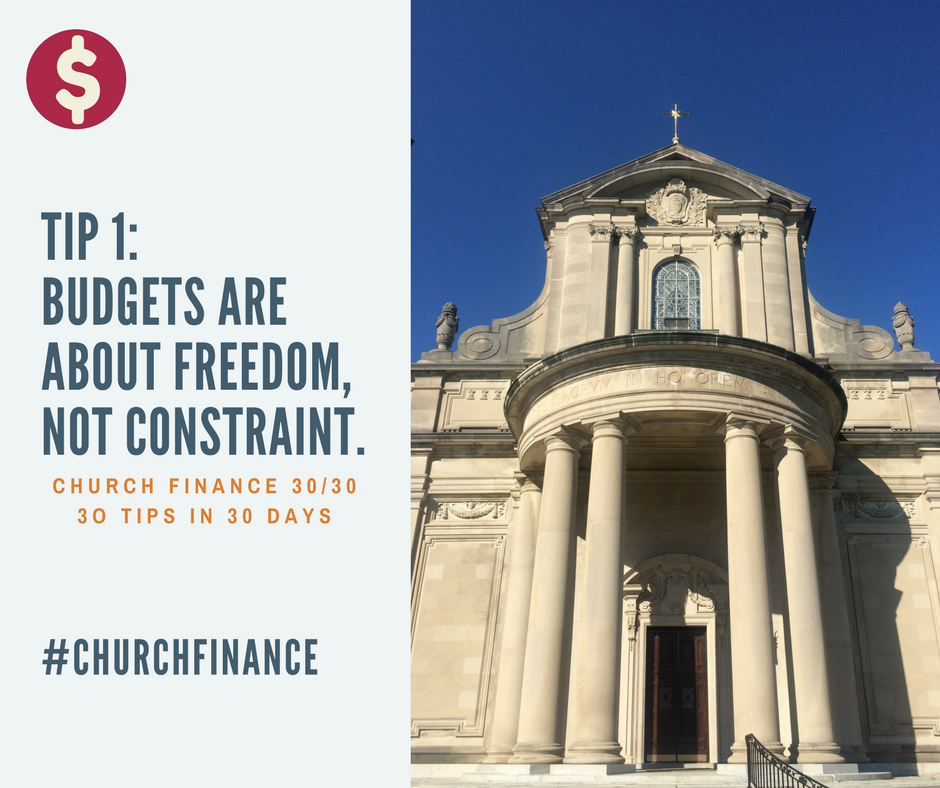 Church finance postcard that shows a church and the church finance tip, budgets are about freedom not constraint